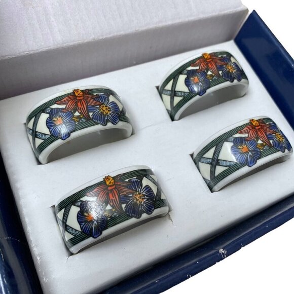 DANSK Napkin Rings Set of 4 Ceramic Nordic Garden Floral with Trellis Pattern - Picture 2 of 11
